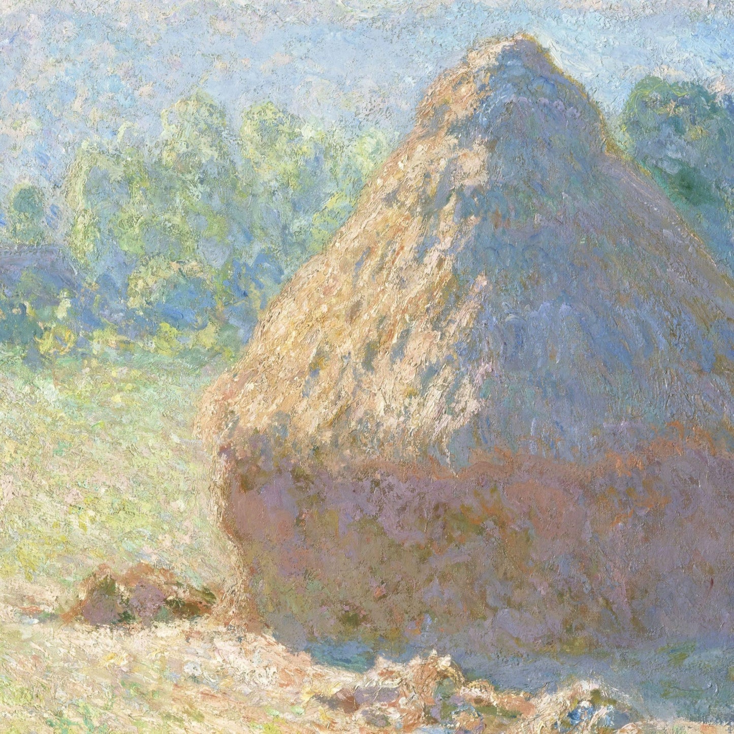 Painting of haystacks with a landscape in the background