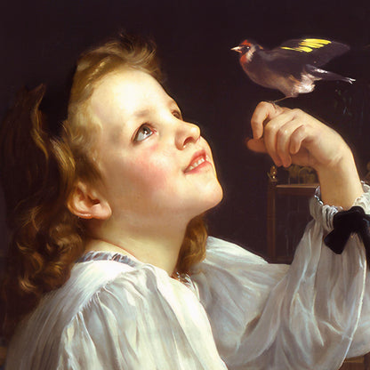 Painting of a young girl with a bird perched on her hand against a dark background