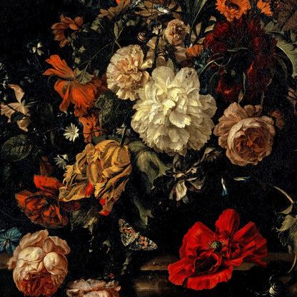 Detailed painting of flowers with a dark background