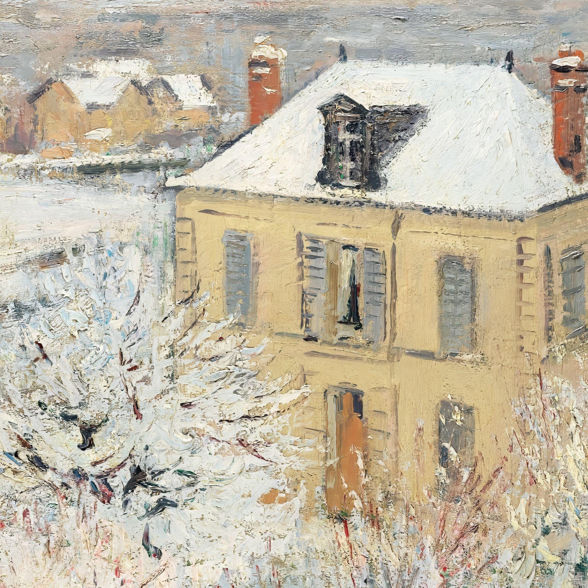 Painting of a yellow house with snow on the roof and surrounding trees.