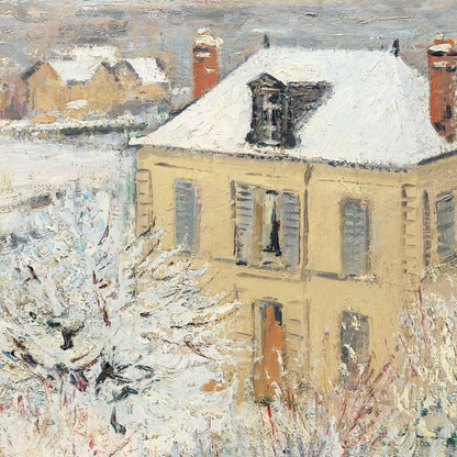 Painting of a yellow house with snow on the roof and surrounding trees.