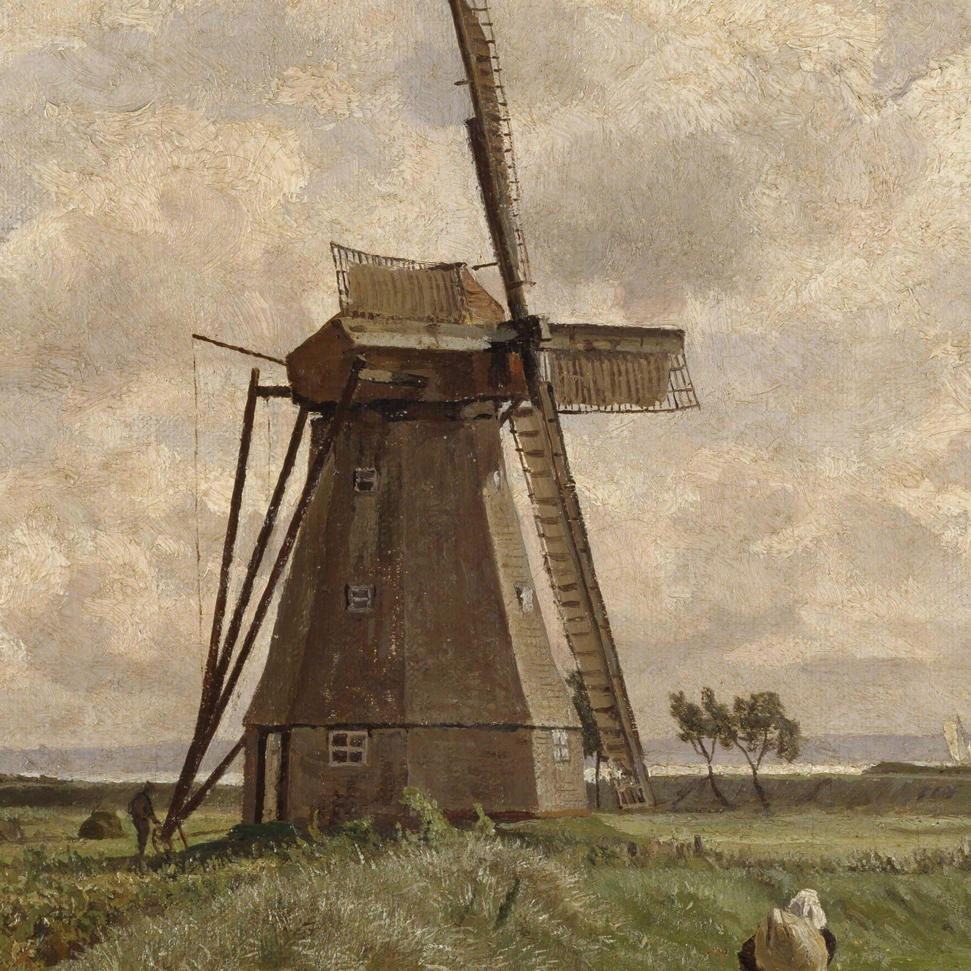 Painting of a windmill in a landscape with a cloudy sky