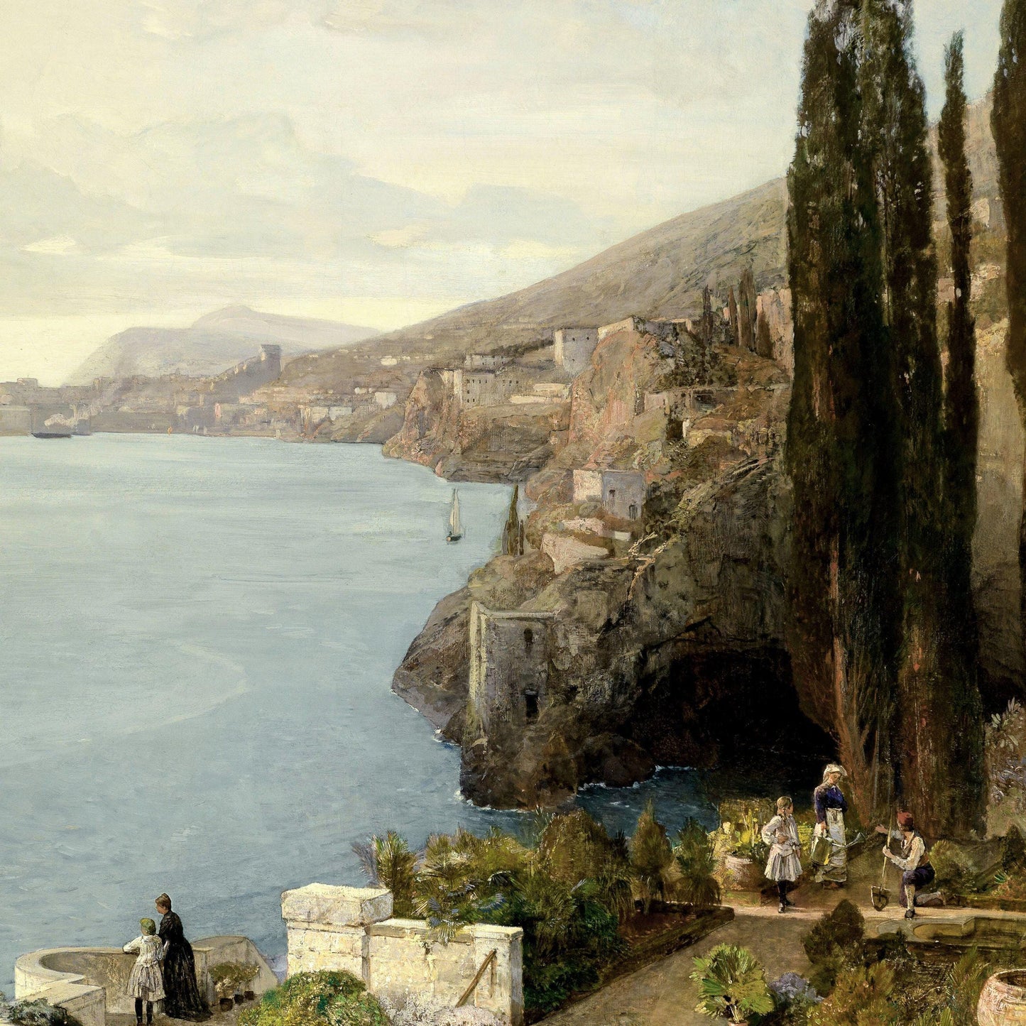 Vintage-style painting of a coastal scene with people by a cave and body of water.
