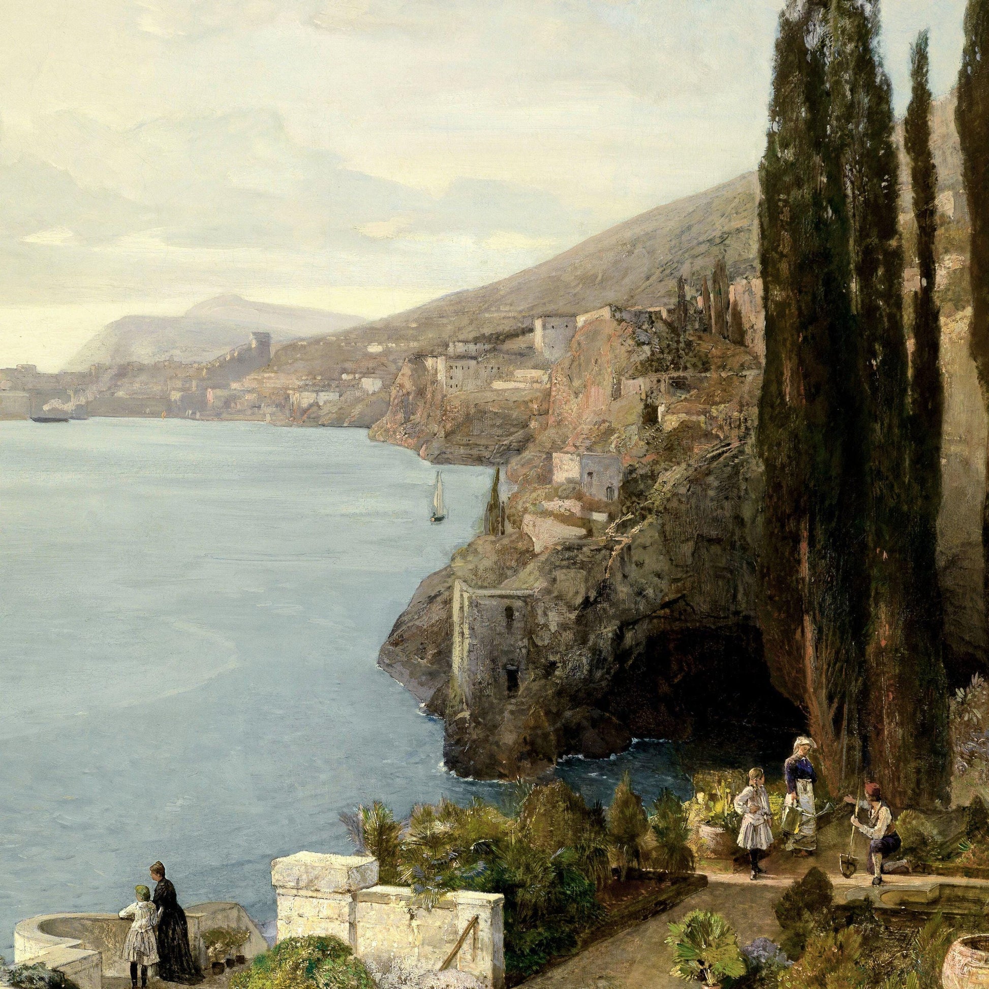 Vintage-style painting of a coastal scene with people by a cave and body of water.