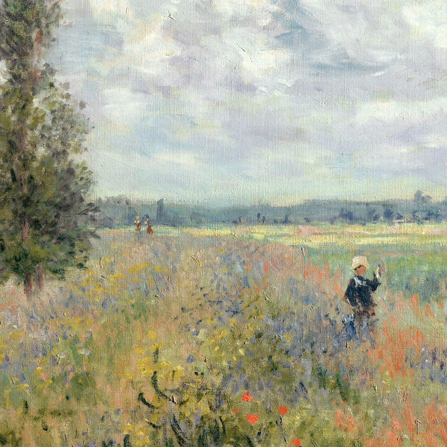 Painting of a landscape with a person walking through a field of flowers.