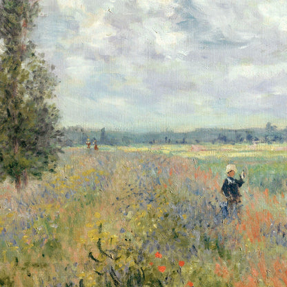 Painting of a landscape with a person walking through a field of flowers.