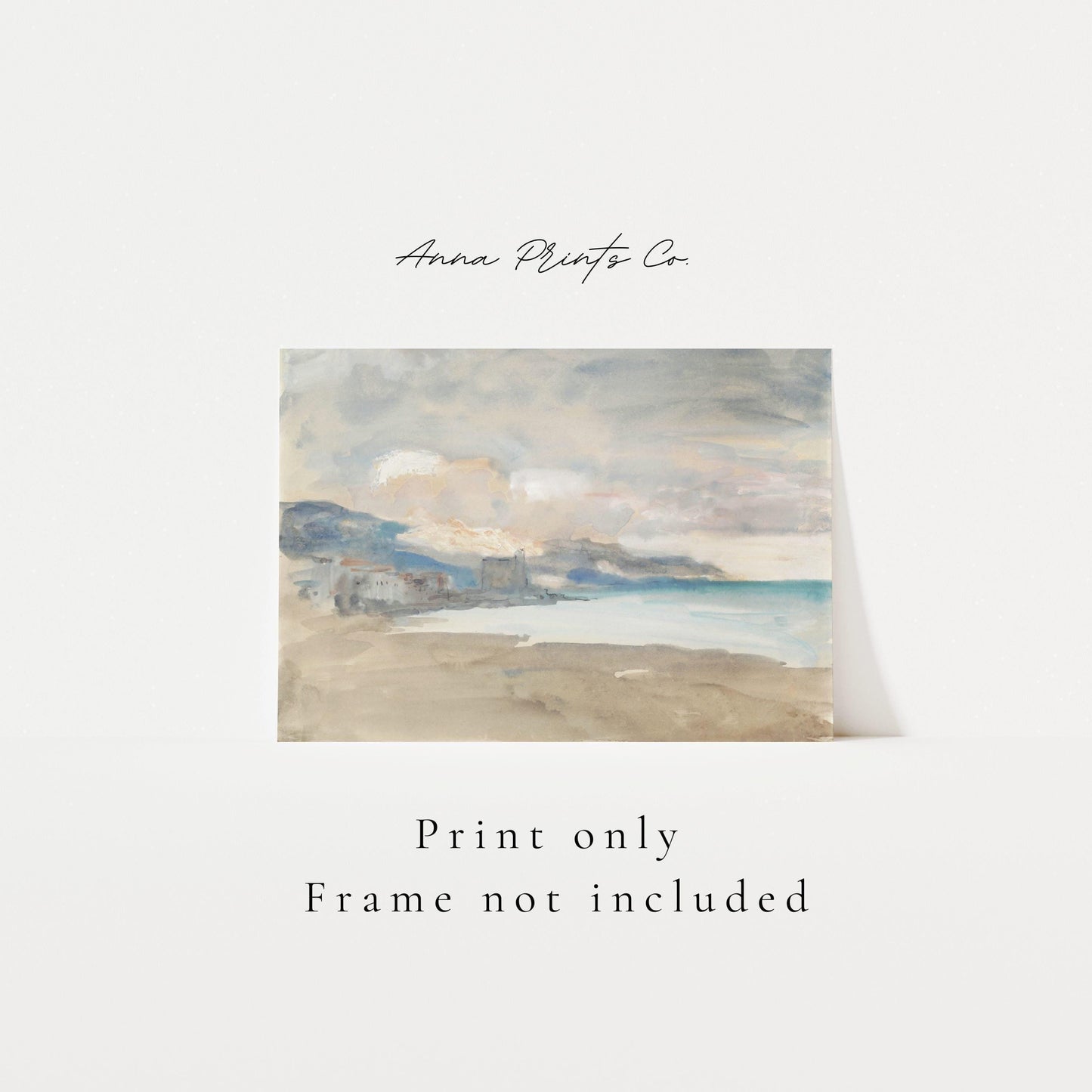 Vintage art print of View of Nice Beach Watercolor with text overlay stating frame not included