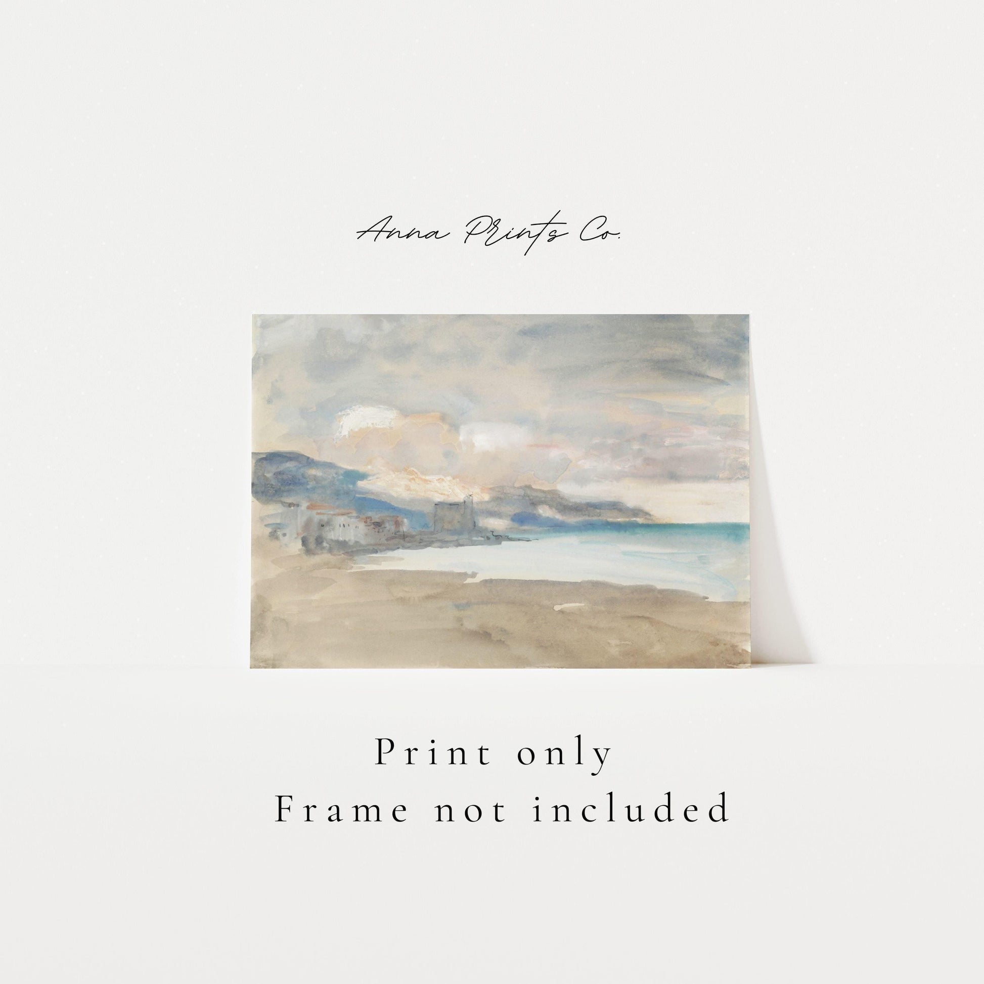 Vintage art print of View of Nice Beach Watercolor with text overlay stating frame not included