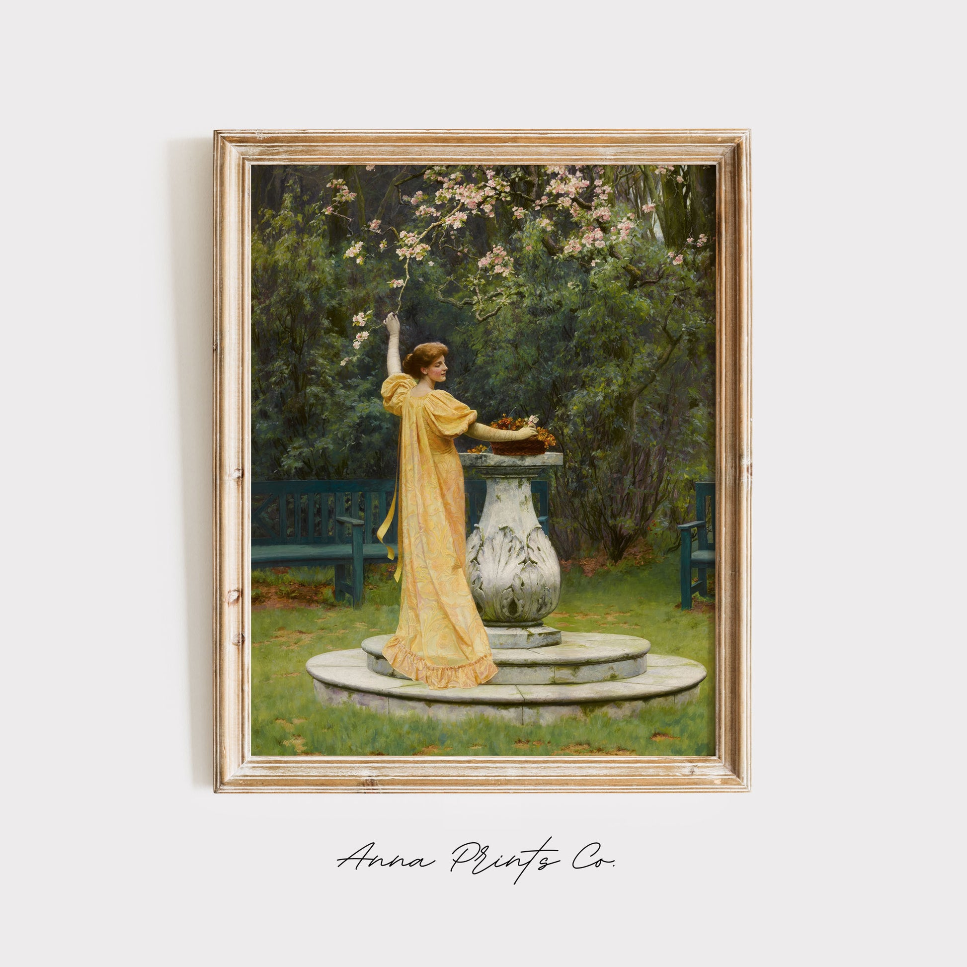 Vintage art print of Spring in Bloom Cottage Painting displayed in wooden frame