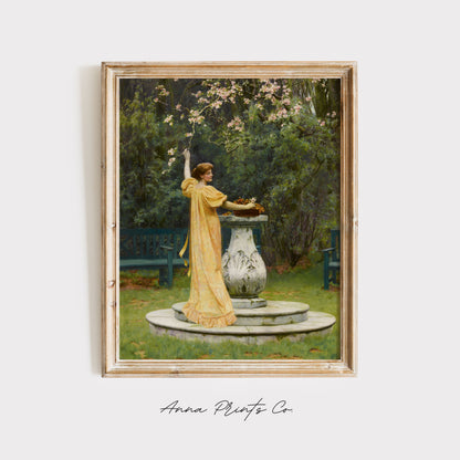 Vintage art print of Spring in Bloom Cottage Painting displayed in wooden frame