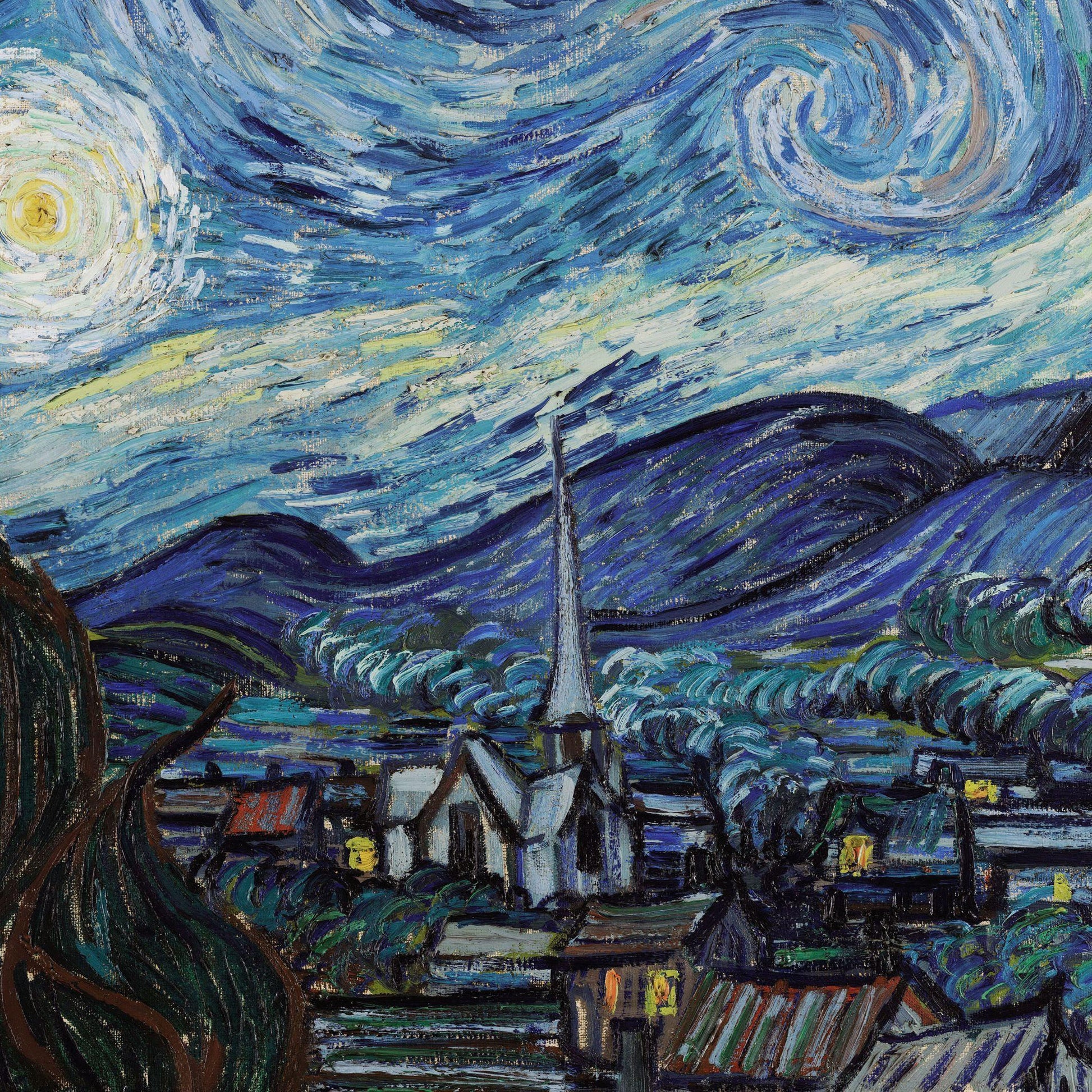 Starry Night painting by Vincent van Gogh with swirling night sky and village below.