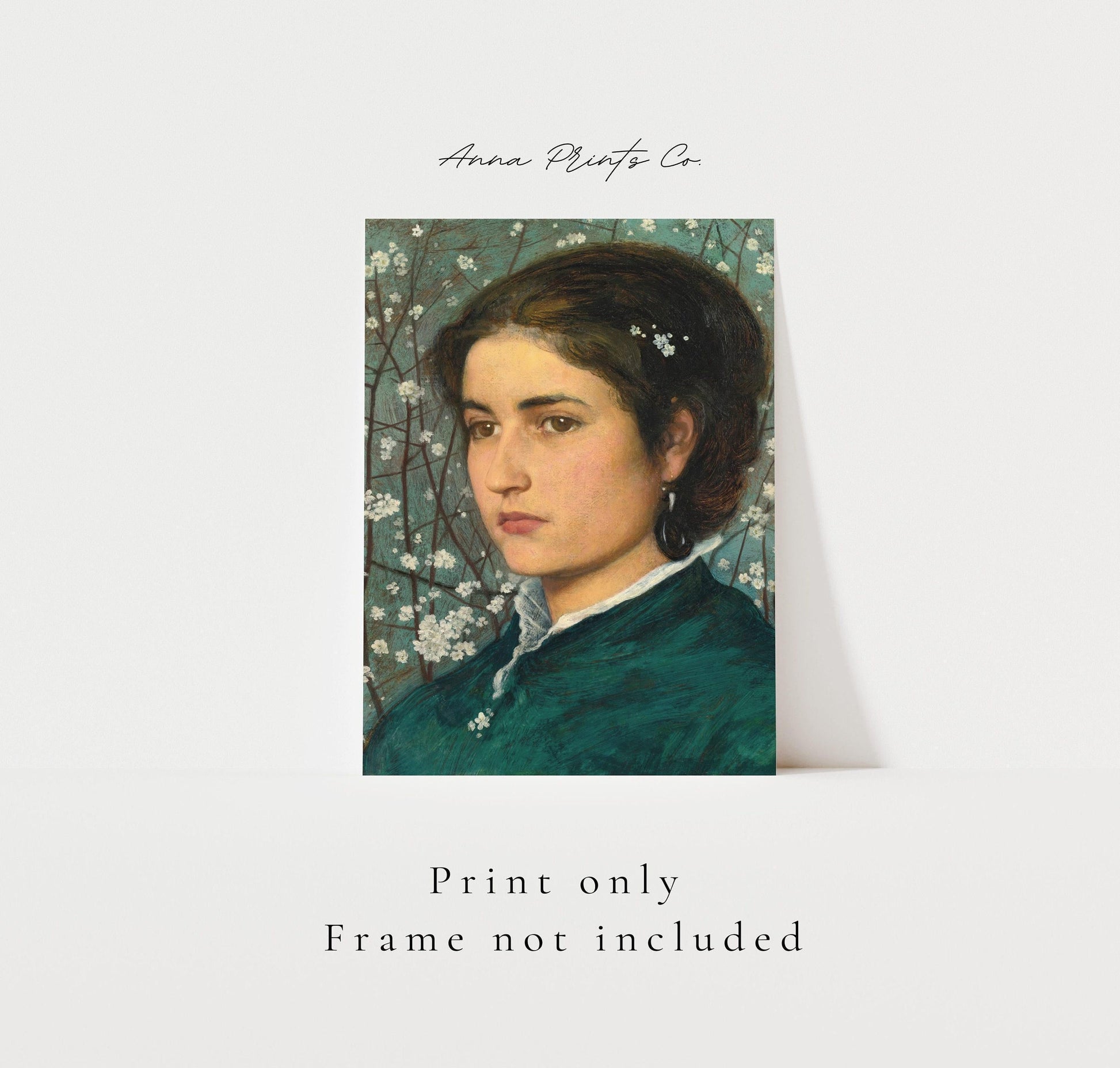 Vintage art print of A Young Beauty Woman Portrait with text overlay stating frame not included