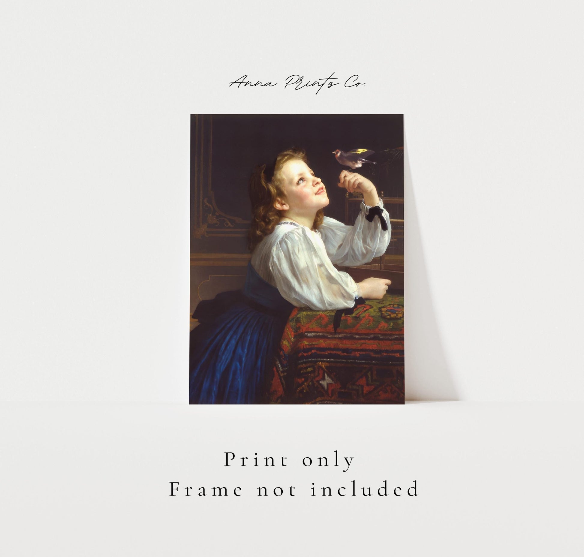 Vintage art print of The Pet Bird by Bouguereau with text overlay stating frame not included