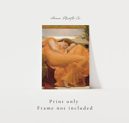 Vintage art print of Flaming June Painting by Leighton with text overlay stating frame not included