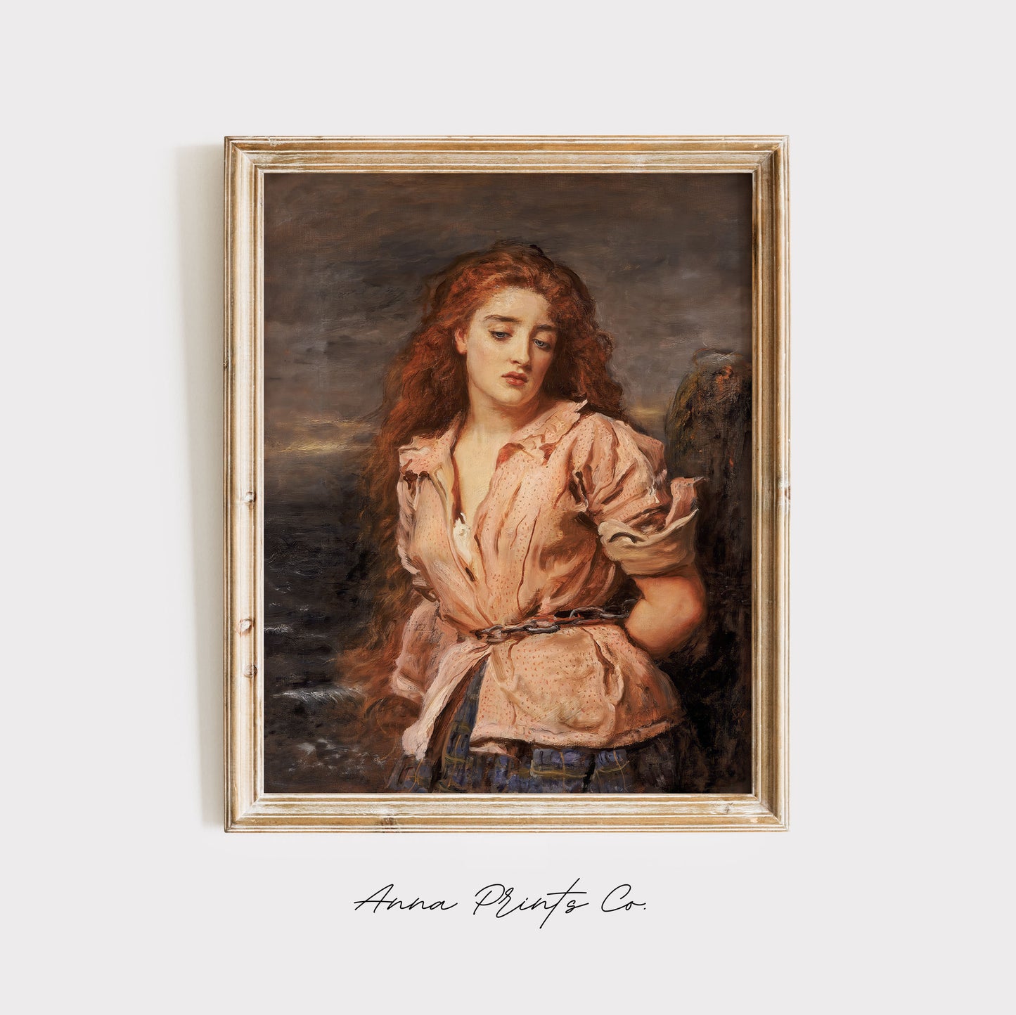 Vintage art print of The Martyr of the Solway by Millais displayed in wooden frame