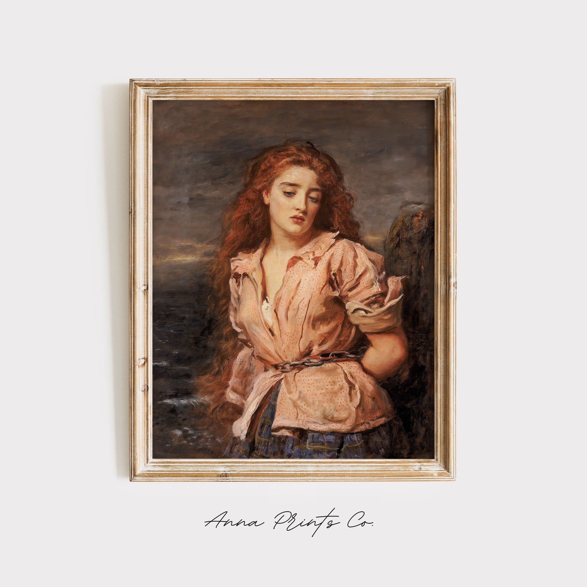 Vintage art print of The Martyr of the Solway by Millais displayed in wooden frame