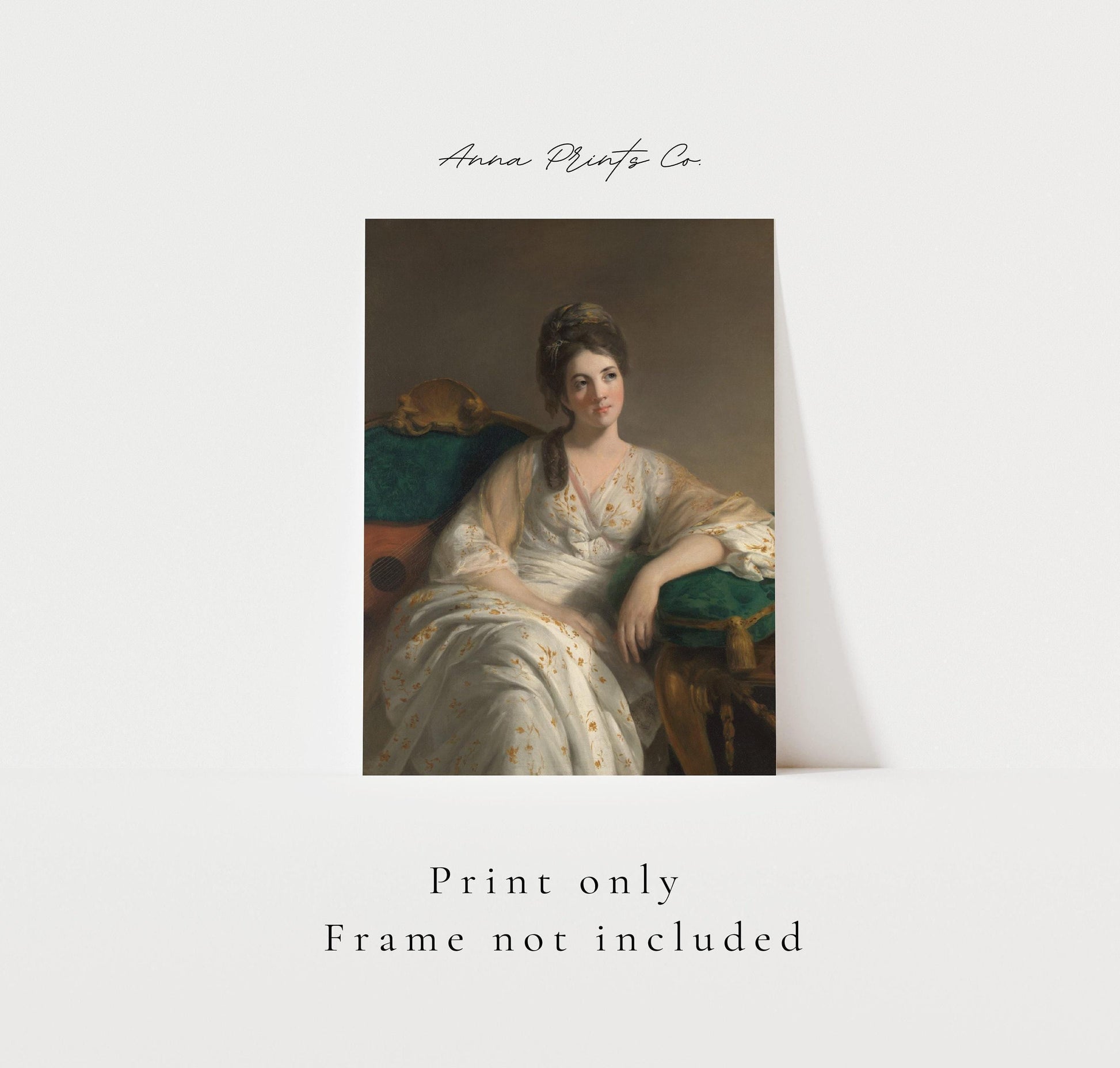 Vintage art print of Elegant Woman Portrait Painting with text overlay stating frame not included