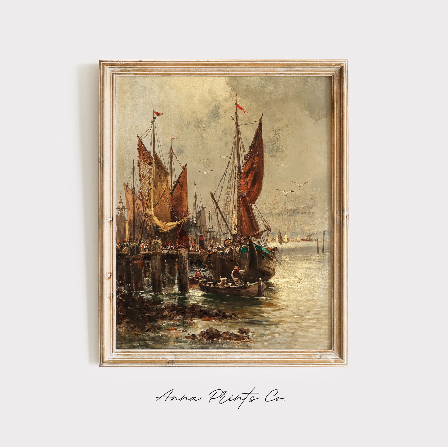 Vintage art print of Lively Scene in the Harbour Painting displayed in wooden frame