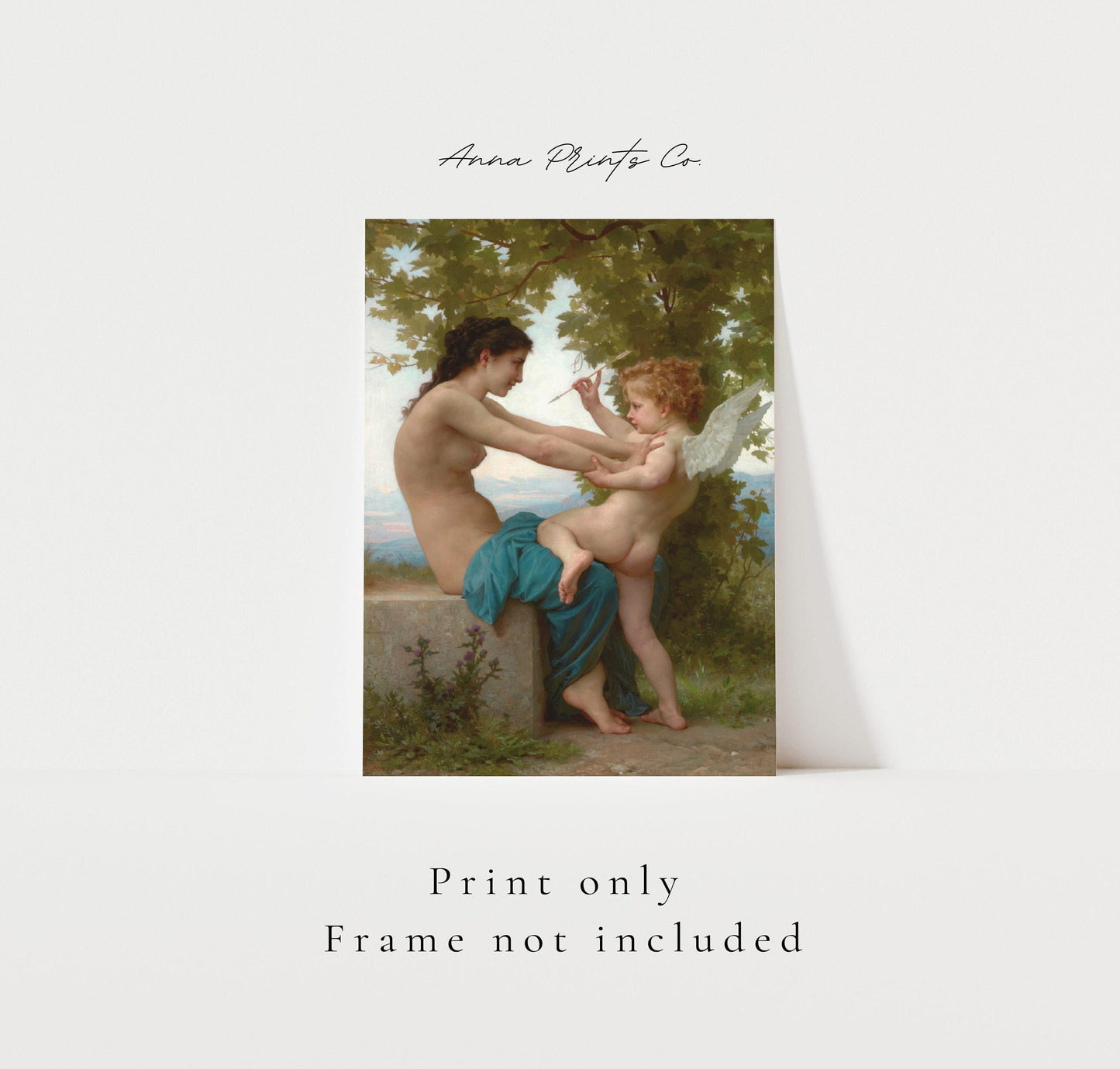 Vintage art print of Woman and Eros by Bouguereau with text overlay stating frame not included