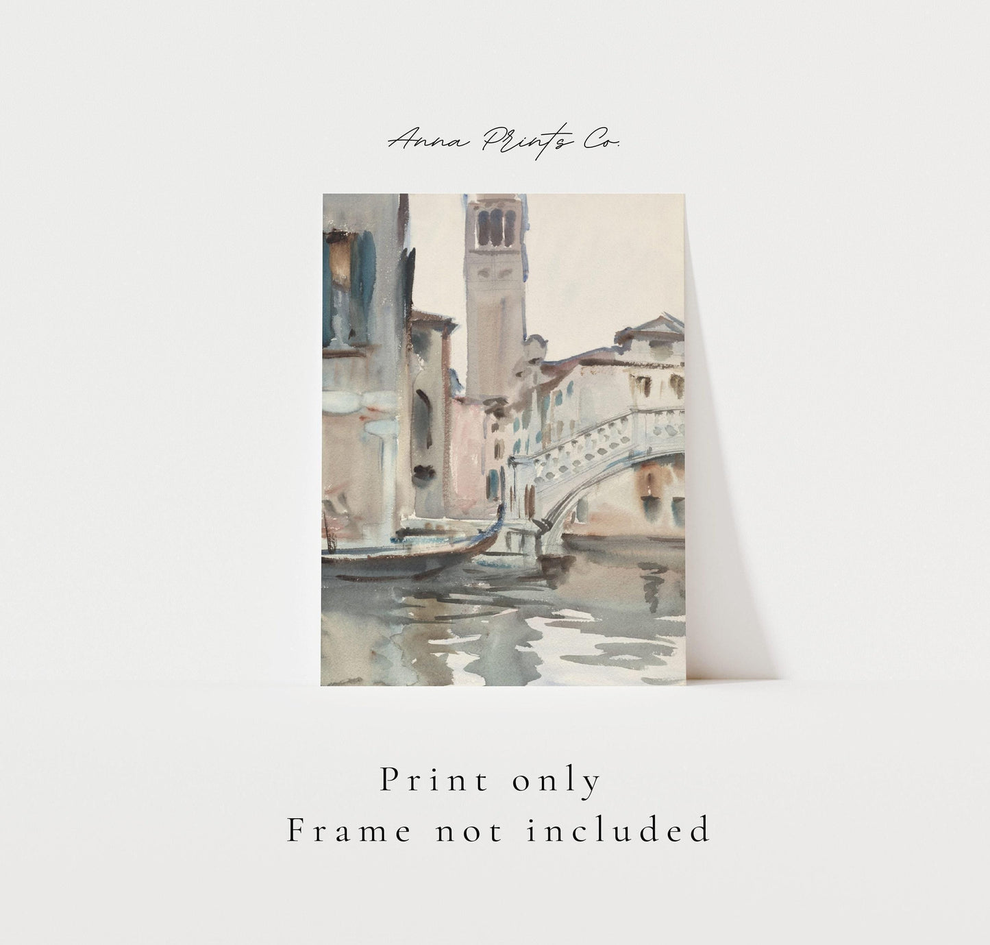Vintage art print of Venice painting by Sargent with text overlay stating frame not included
