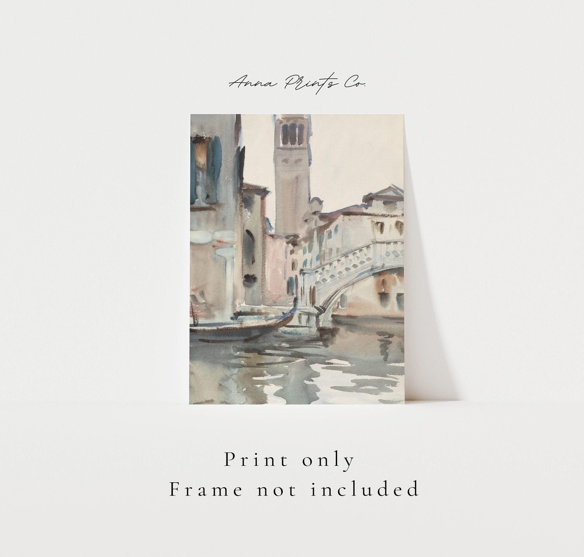 Vintage art print of Venice painting by Sargent with text overlay stating frame not included