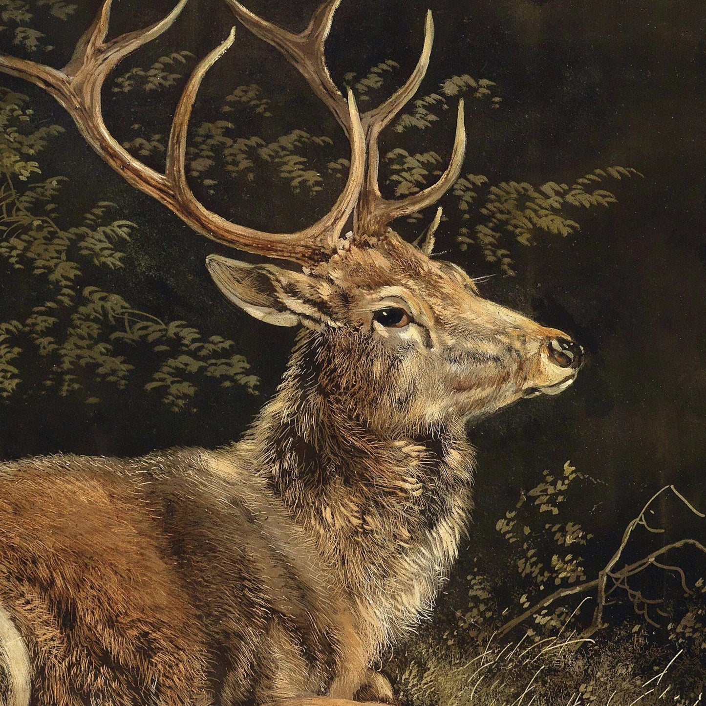 Detailed painting of a deer with large antlers in a natural setting
