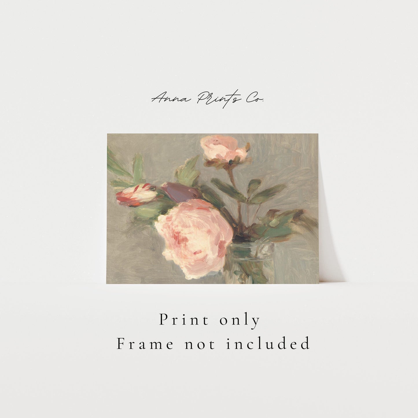 Vintage art print of Peonies by Morisot, horizontal) with text overlay stating frame not included