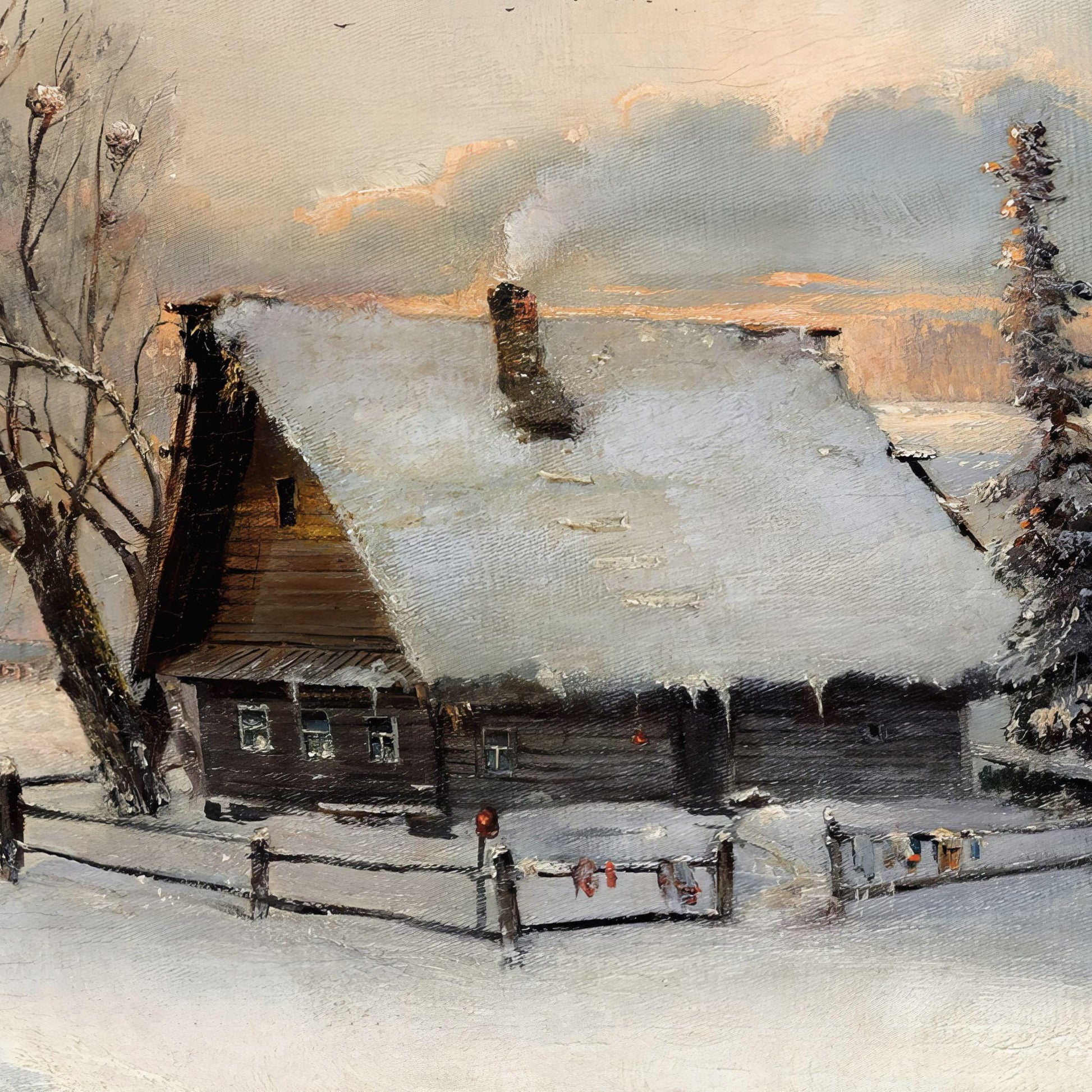 Painting of a wooden cabin with snow-covered roof and surrounding trees in a winter landscape.