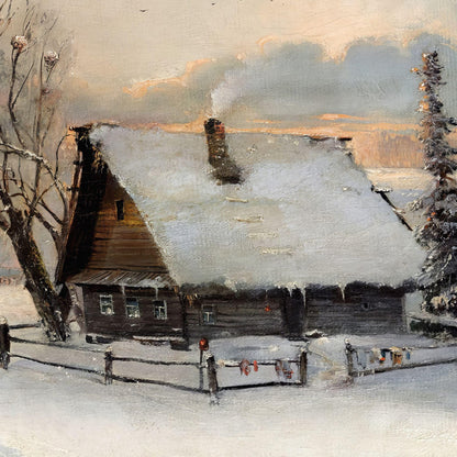 Painting of a wooden cabin with snow-covered roof and surrounding trees in a winter landscape.