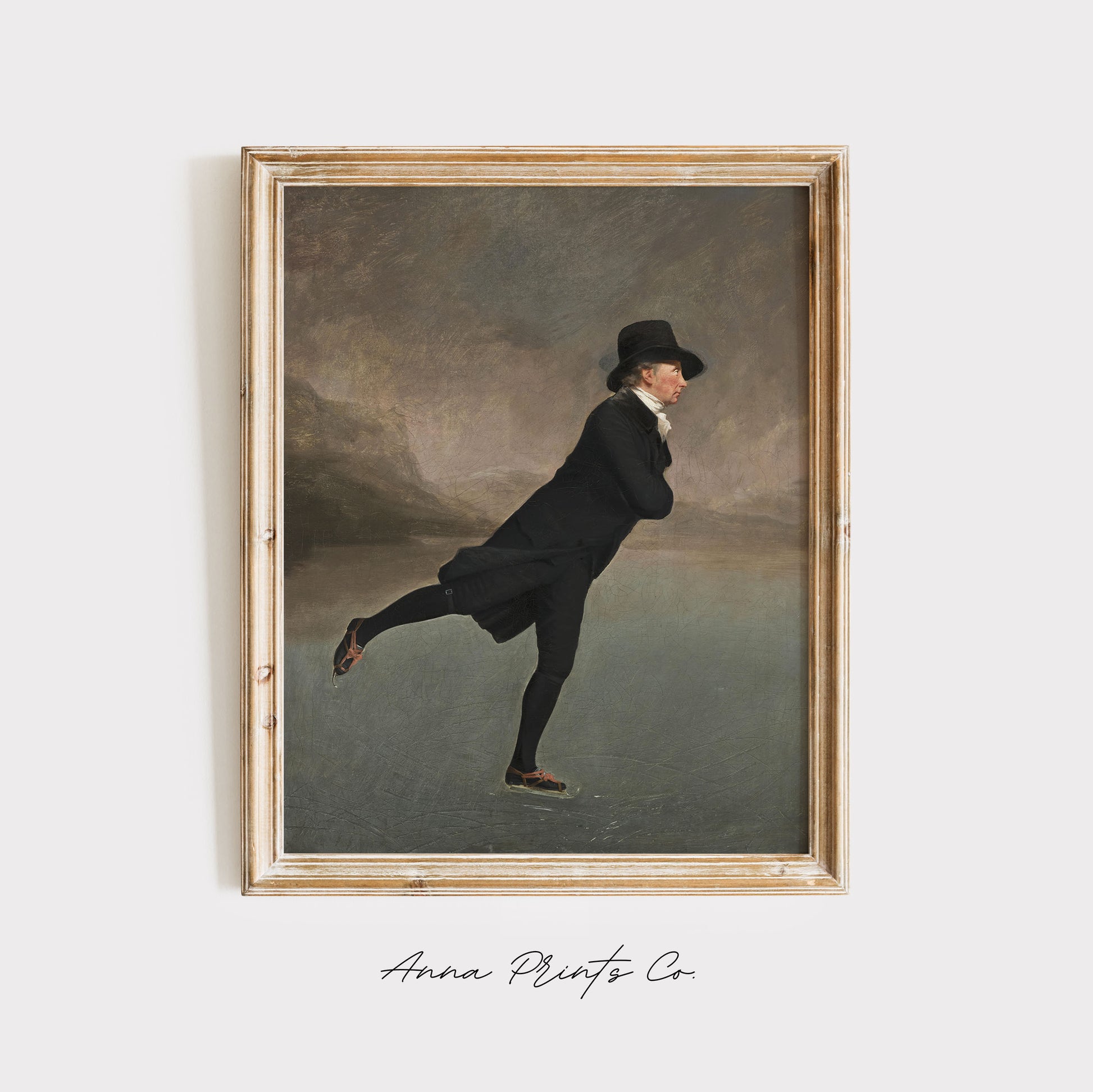 Vintage art print of The Skating Minister Painting displayed in wooden frame