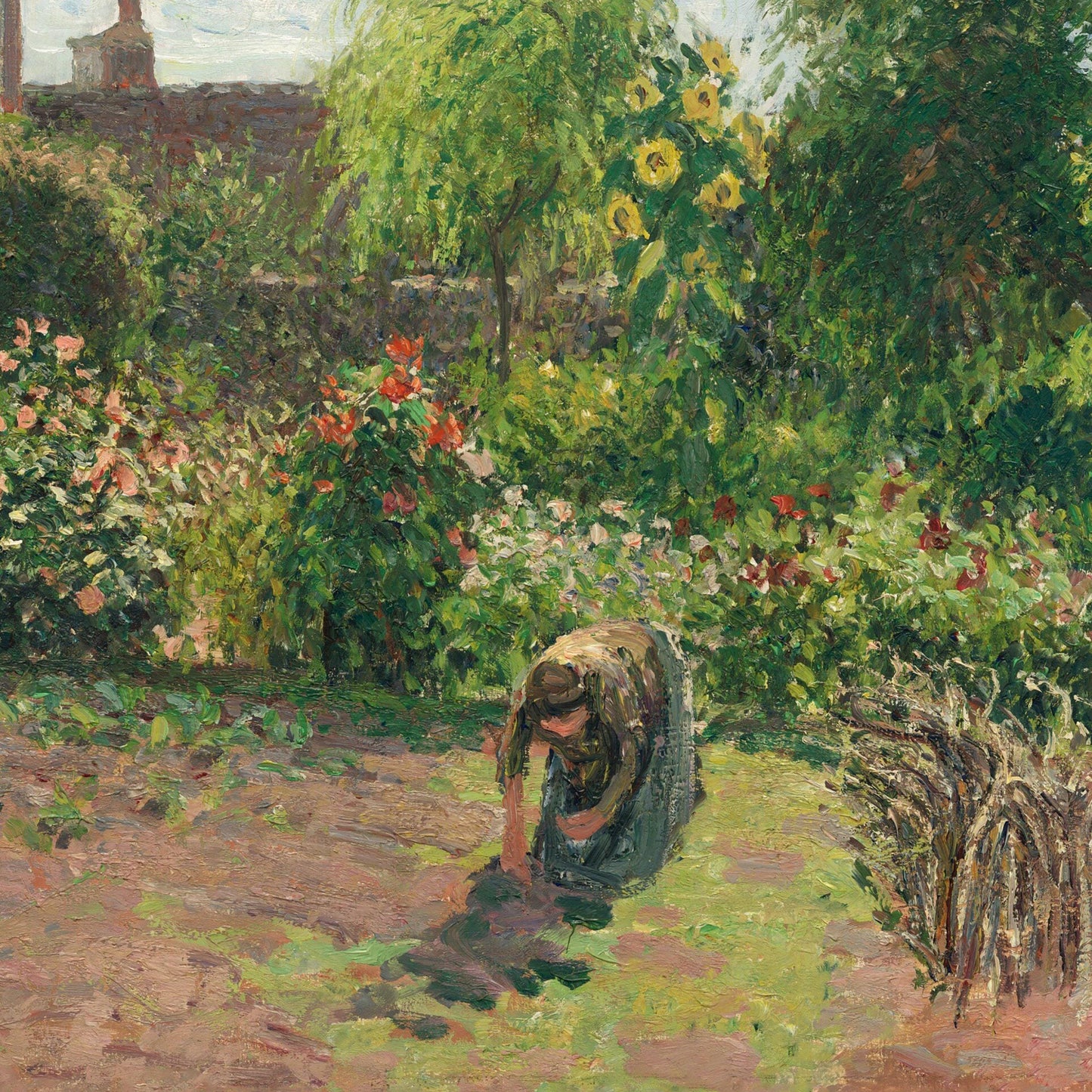 Painting of a person tending to a garden with flowers and trees