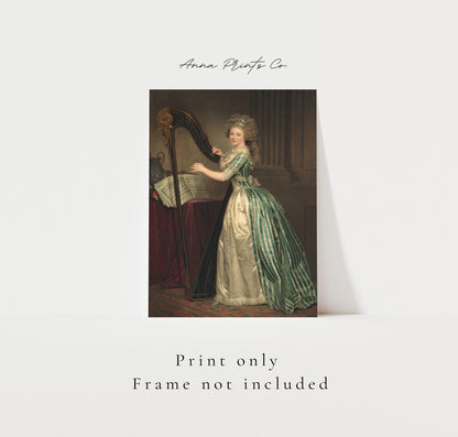 Vintage art print of Self-Portrait with a Harp Painting with text overlay stating frame not included