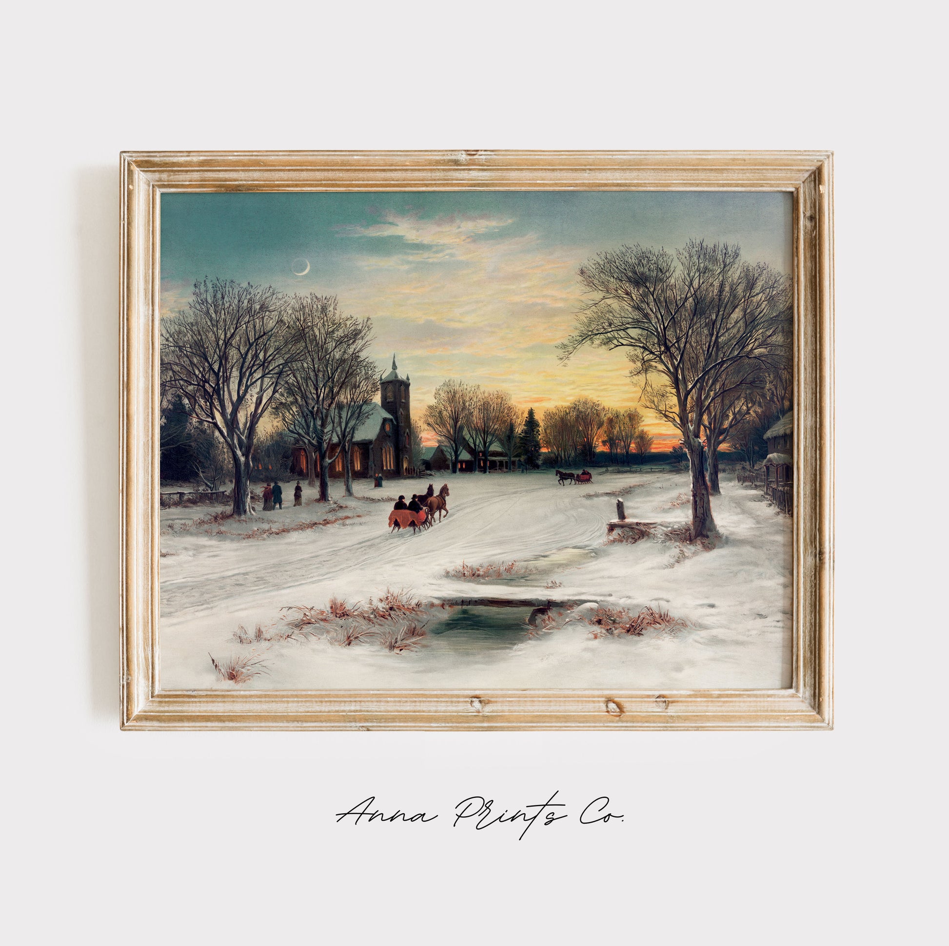 Vintage art print of Christmas Eve Winter Painting displayed in wooden frame