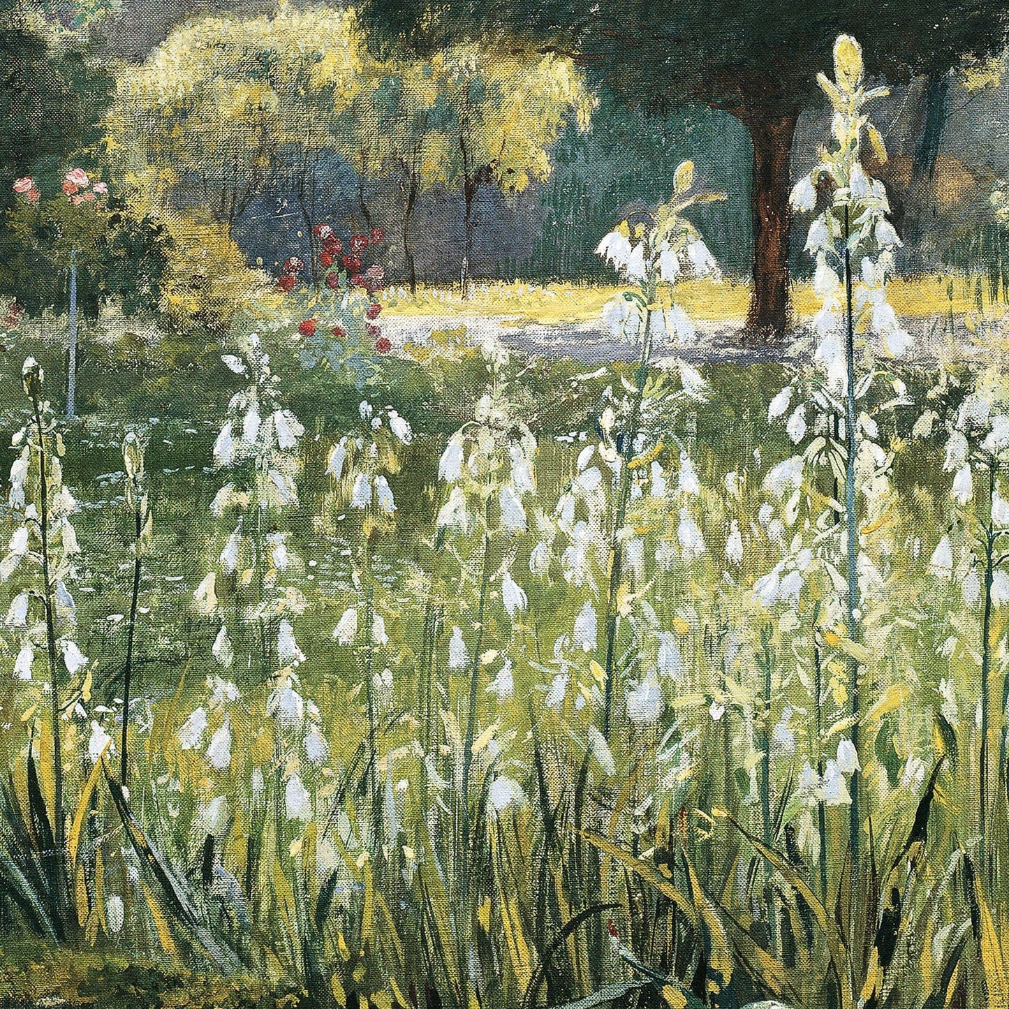 Painting of a garden with white flowers and trees in the background