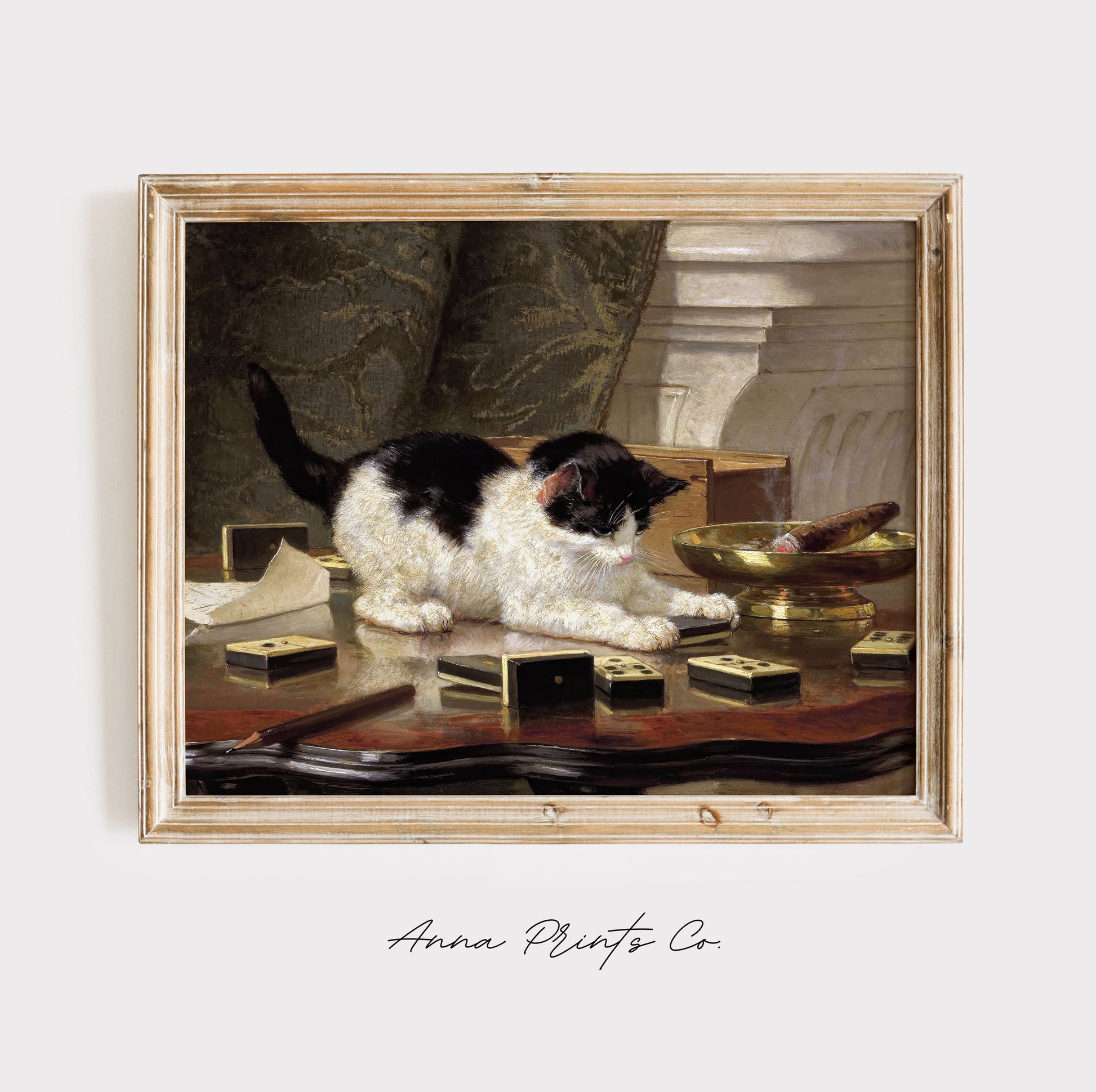 Vintage art print of Cat at Play Animal Artwork displayed in wooden frame