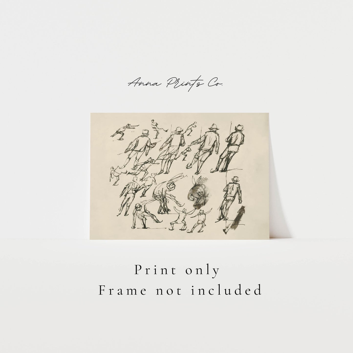 Vintage art print of Winter Ice Skaters Sketch Drawing with text overlay stating frame not included