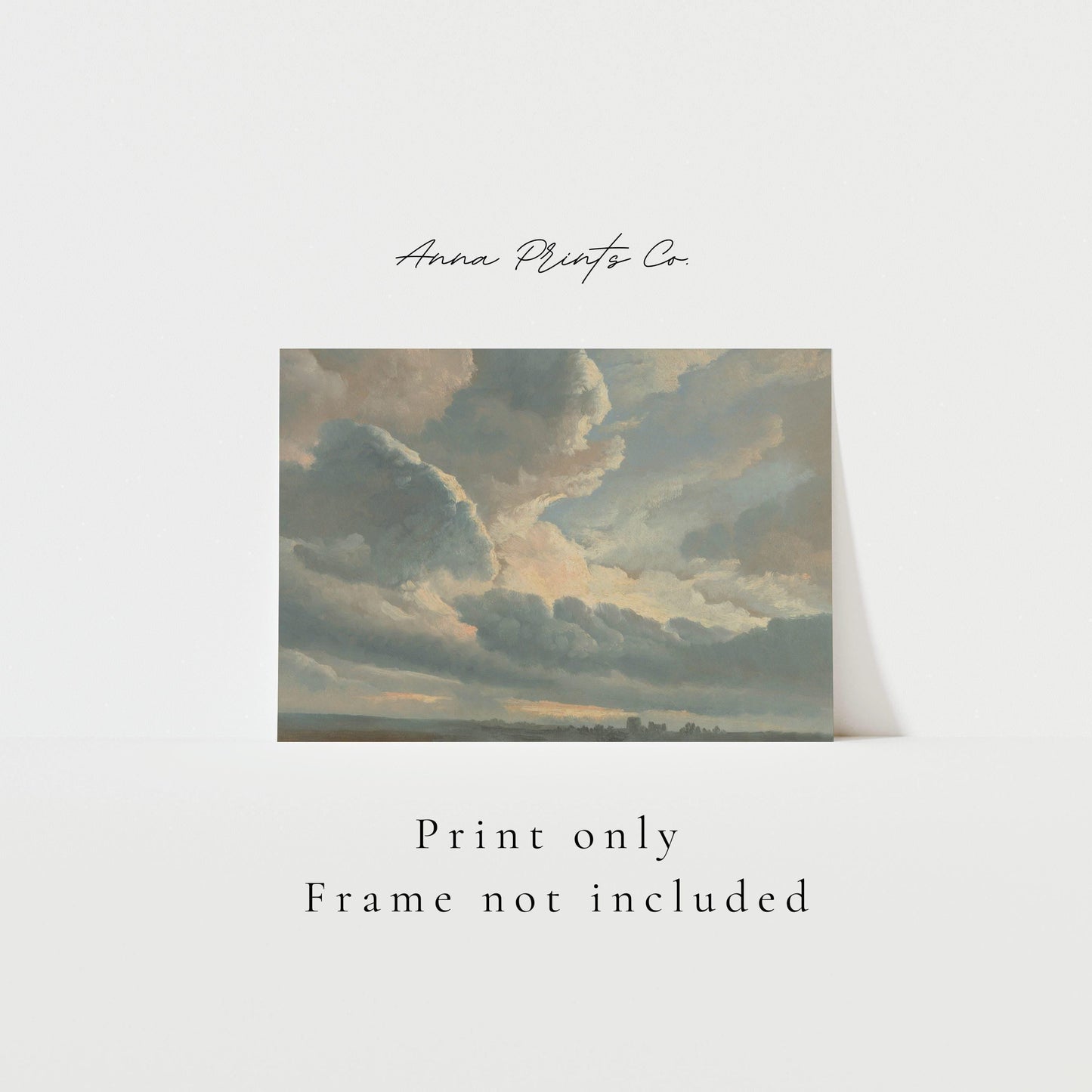 Vintage art print of Study of Clouds Landscape Artwork with text overlay stating frame not included