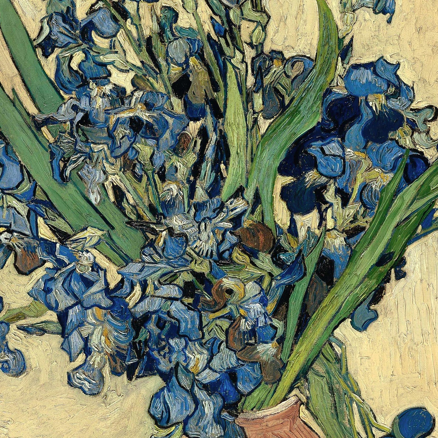 Famous painting of blue irises by Vincent van Gogh with textured surface.