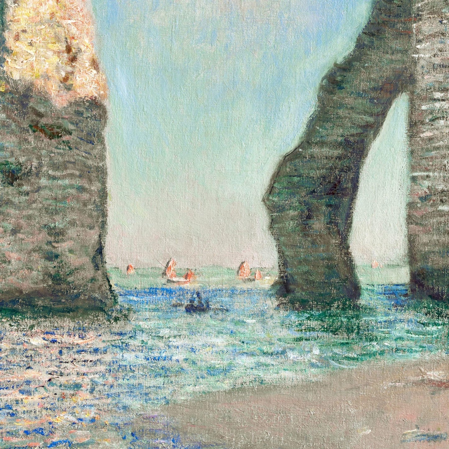 Artistic depiction of a coastal scene with cliffs and water, possibly from an impressionist painting.