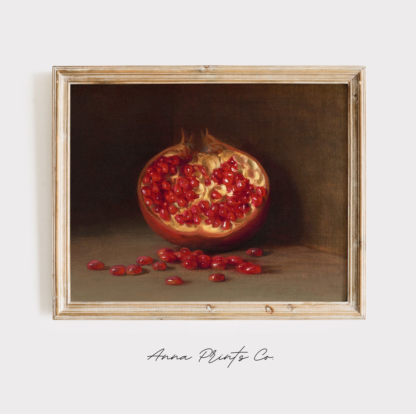 Vintage art print of Pomegranate Moody Kitchen Artwork displayed in wooden frame