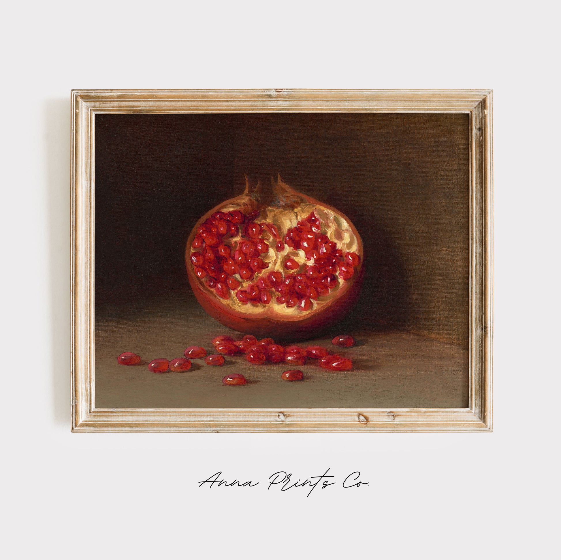 Vintage art print of Pomegranate Moody Kitchen Artwork displayed in wooden frame