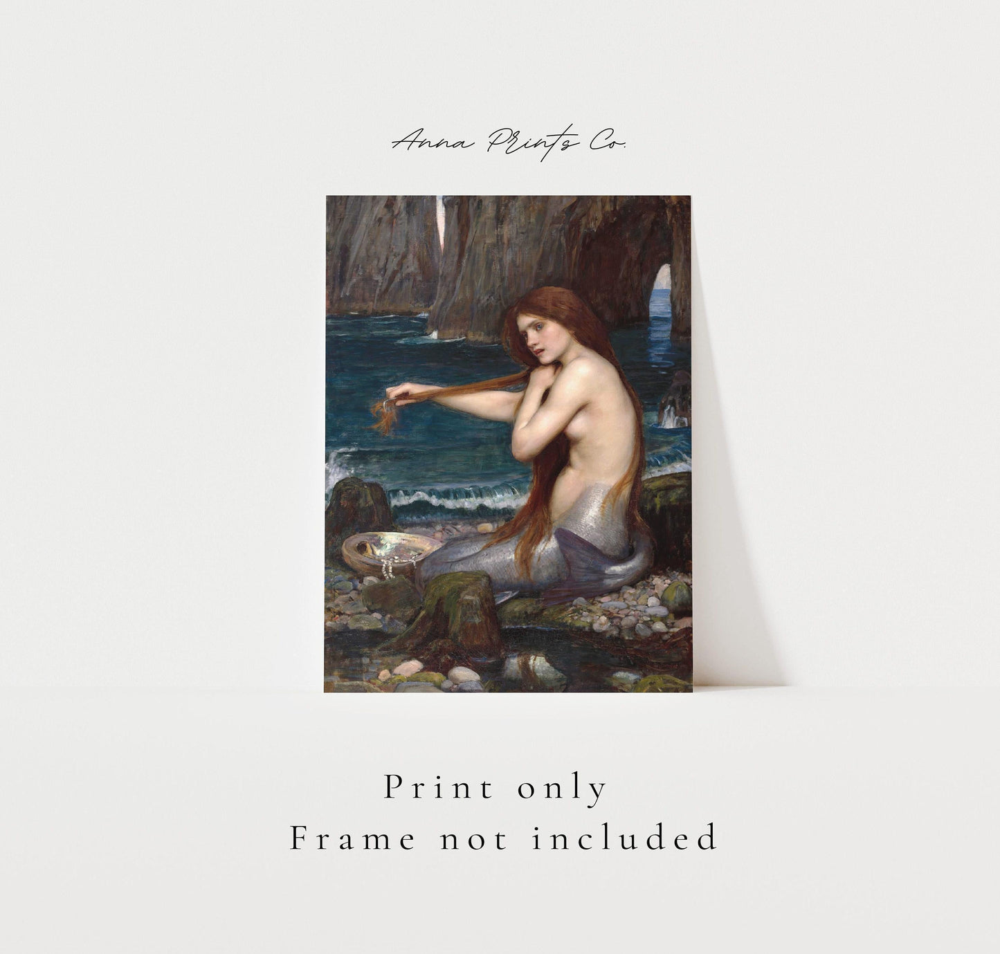 Vintage art print of A Mermaid Painting by Waterhouse with text overlay stating frame not included