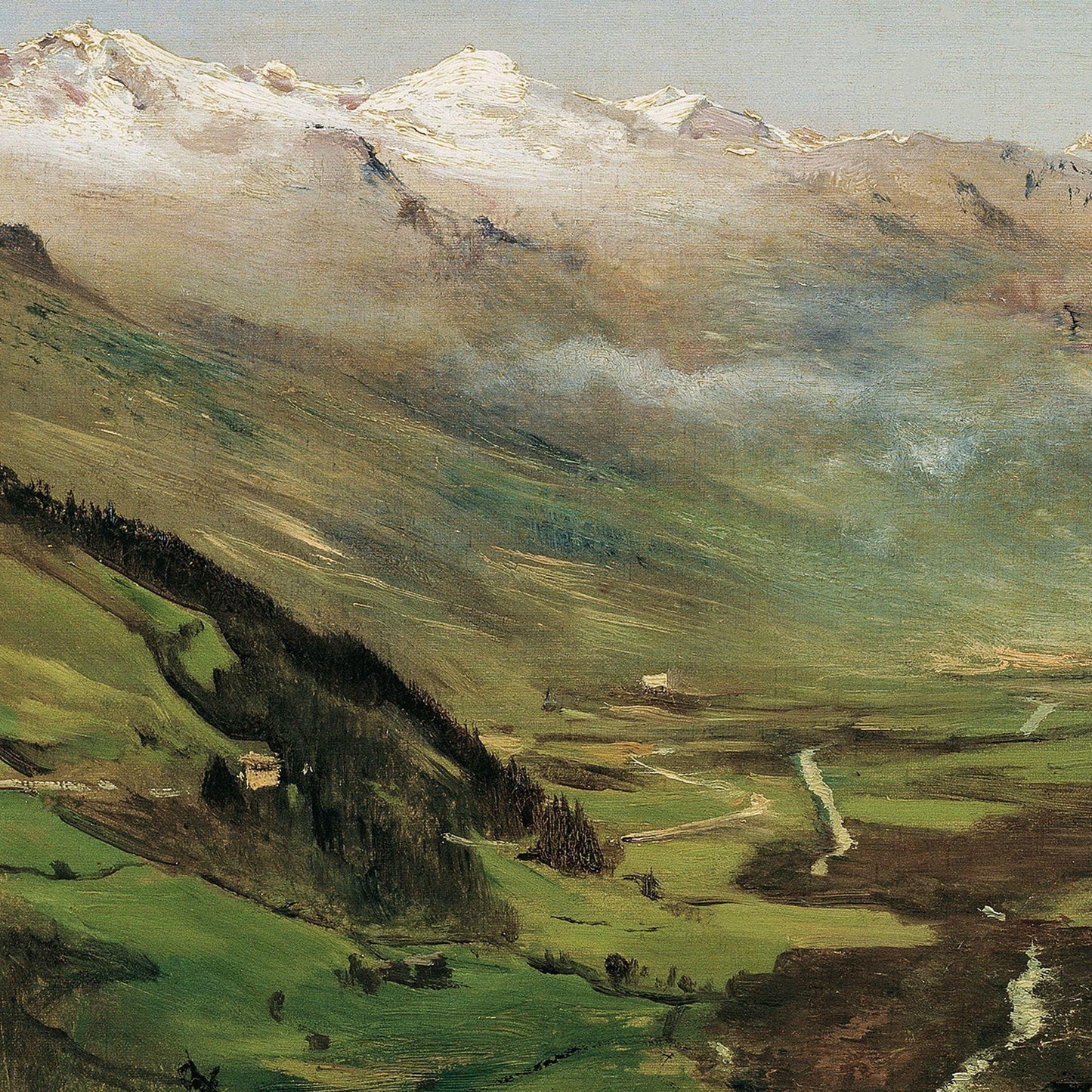 Painting of a mountain landscape with green valleys and snow-capped peaks.