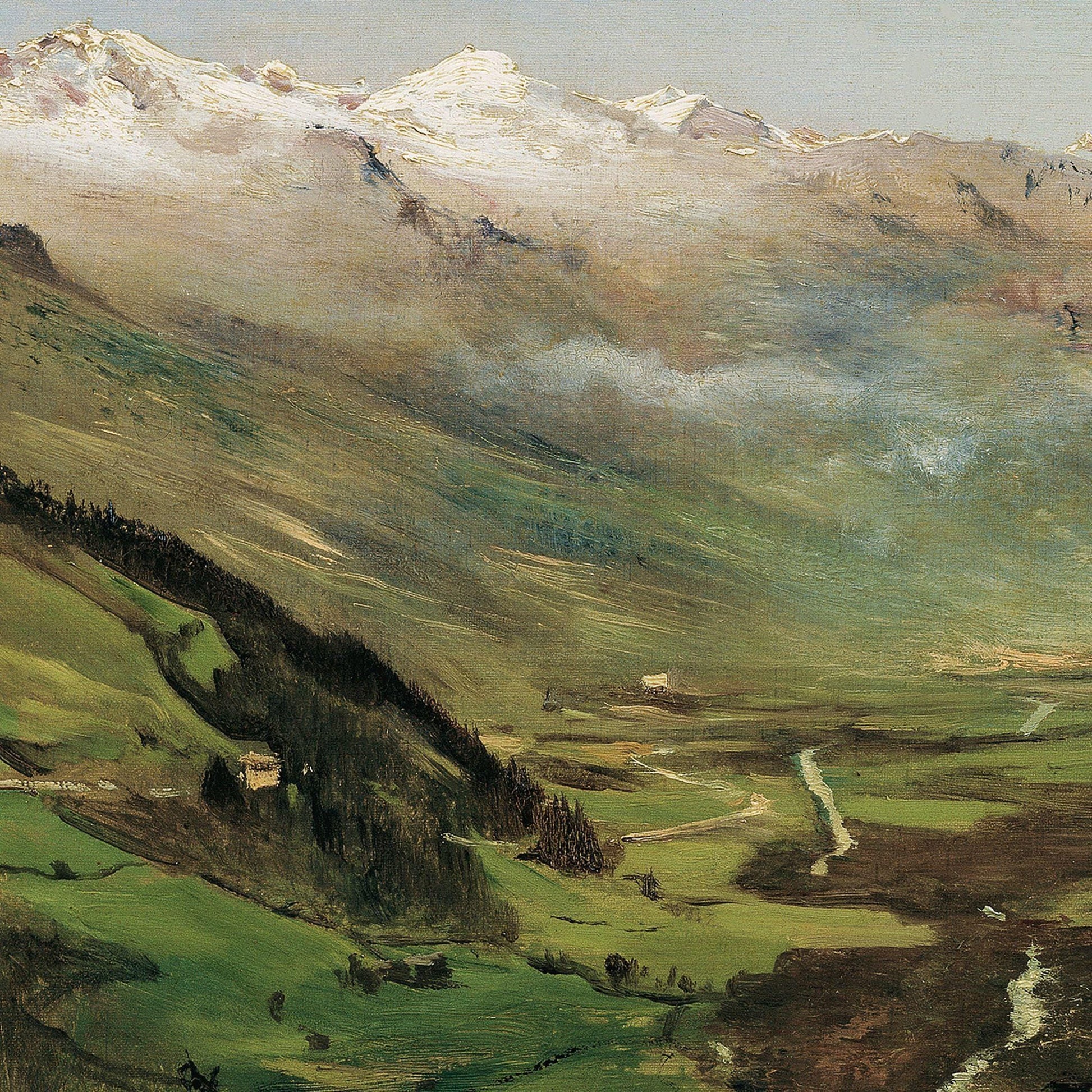 Painting of a mountain landscape with green valleys and snow-capped peaks.