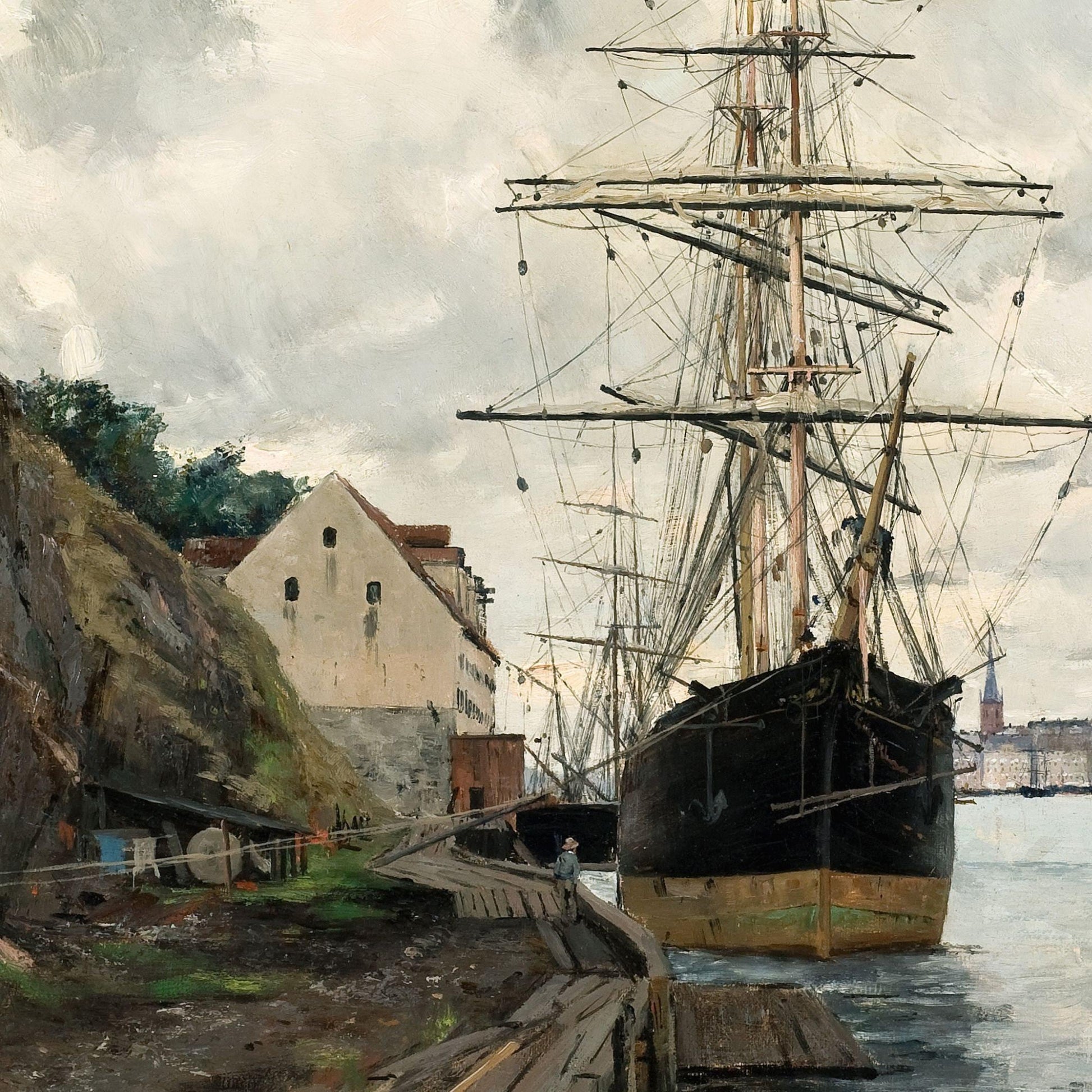 Painting of a ship docked at a harbor with buildings and trees in the background