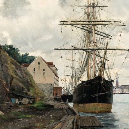 Painting of a ship docked at a harbor with buildings and trees in the background