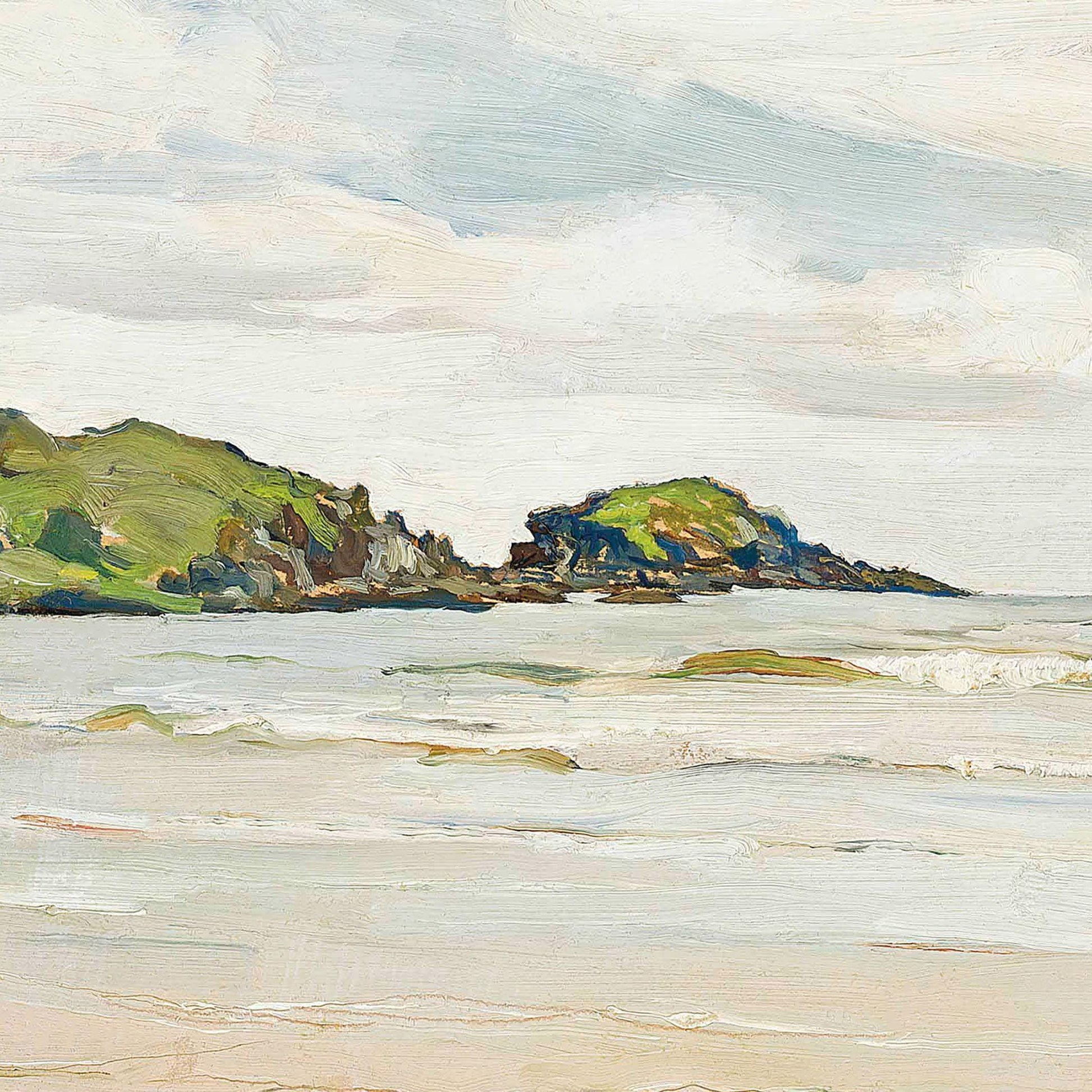 Painting of a coastal scene with green hills and a cloudy sky.