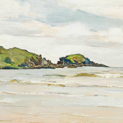 Painting of a coastal scene with green hills and a cloudy sky.