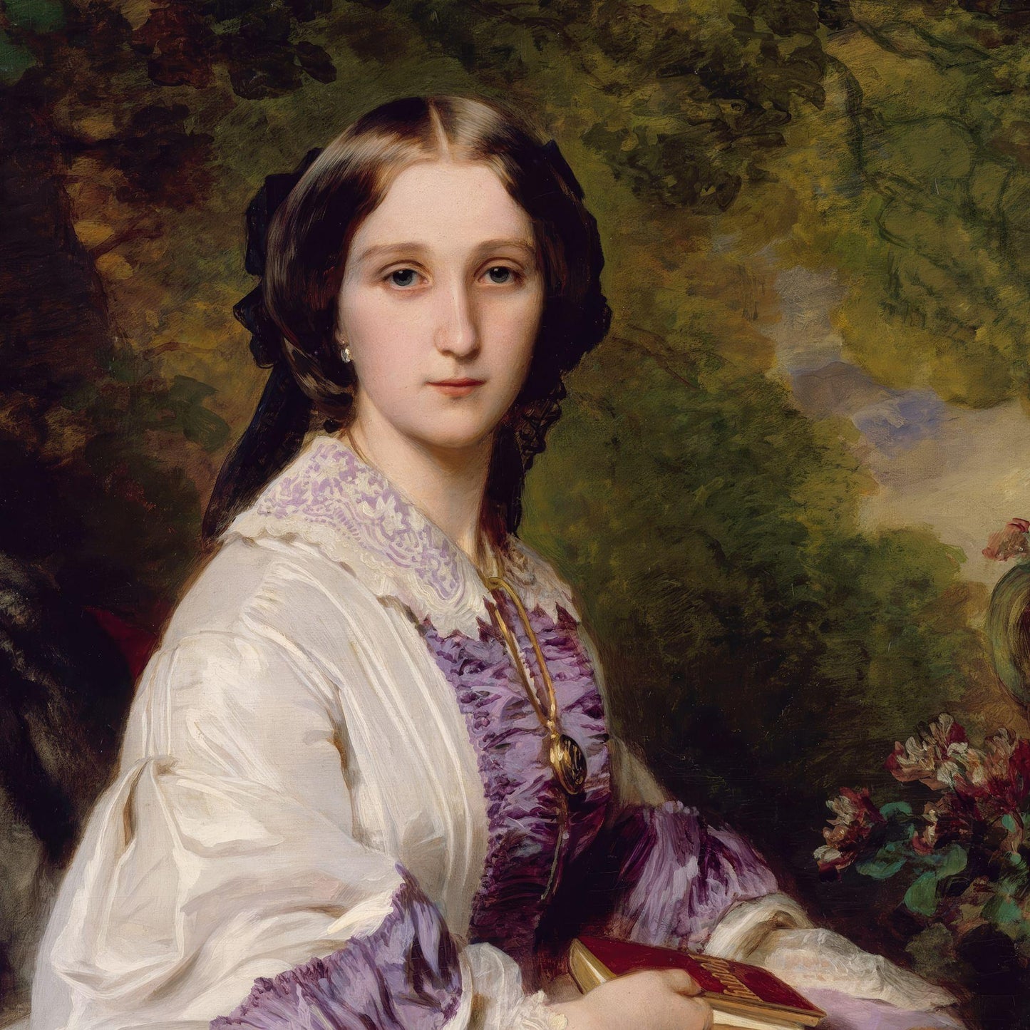 Portrait of a woman in a white and purple dress with a garden background