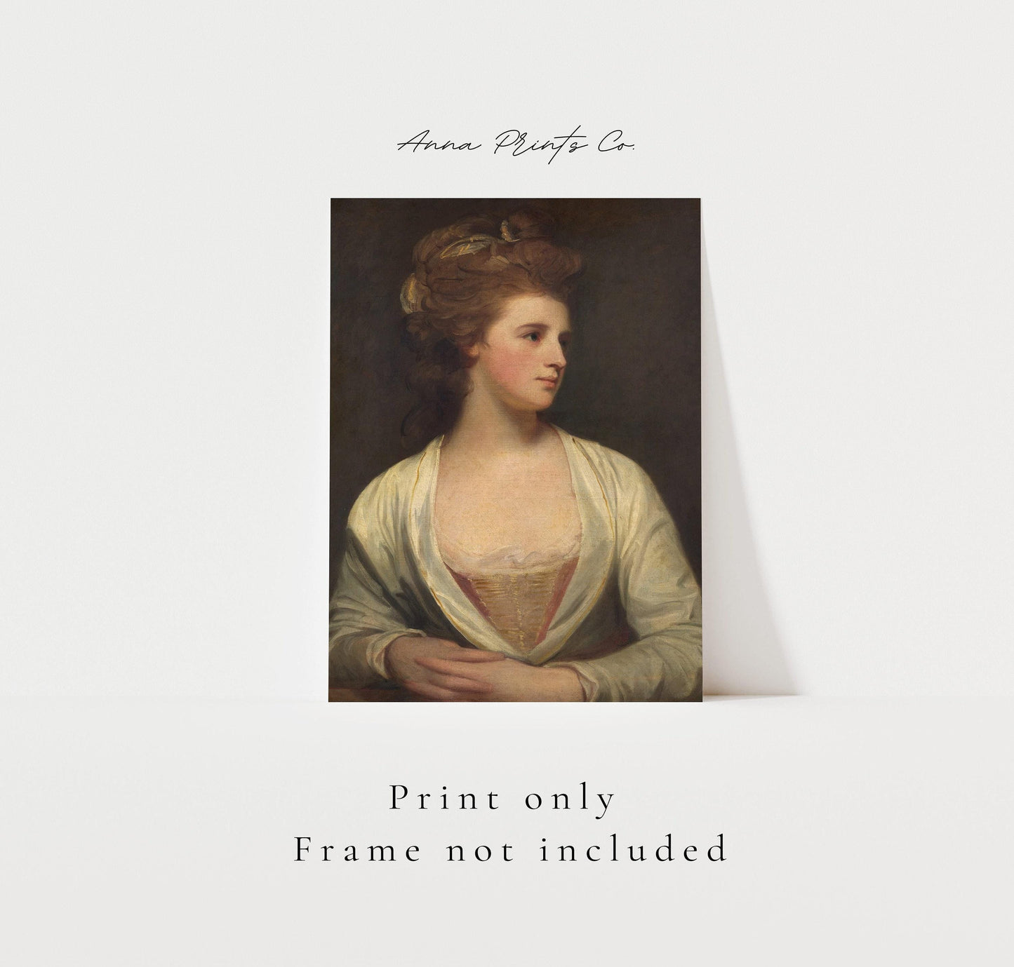 Vintage art print of Portrait of a Woman Moody Artwork with text overlay stating frame not included